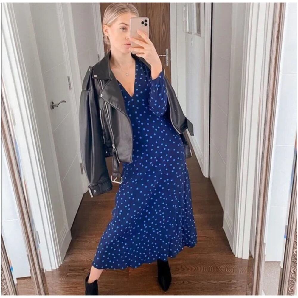 NWT Zara Women's‎ Blue Long Sleeve V-neckline Polka Dots Midi Dress Size Small